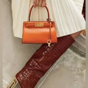 Tory Burch Lee Radziwill Petite Bag Orange Italian Leather Gold Hardware Handle